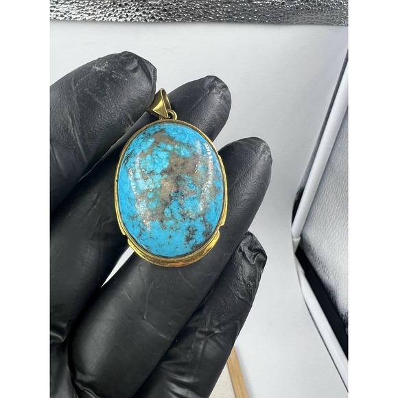 Natural Turquoise Pendant Metal Brass Handmade With Rope - Picture 11 of 11